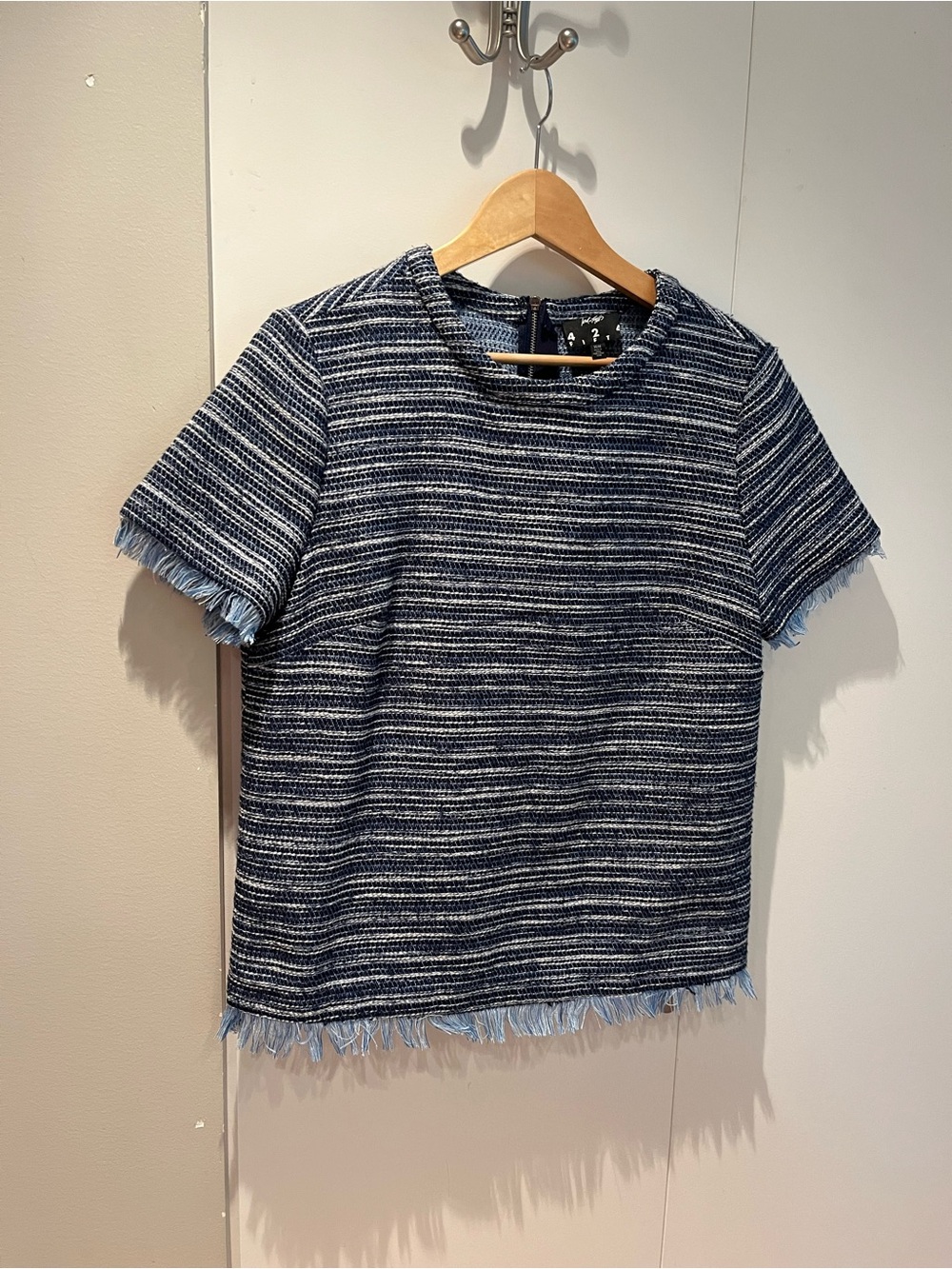 Lord & Taylor 424 Women’s Navy & White Striped Short-Sleeve Fringe Top